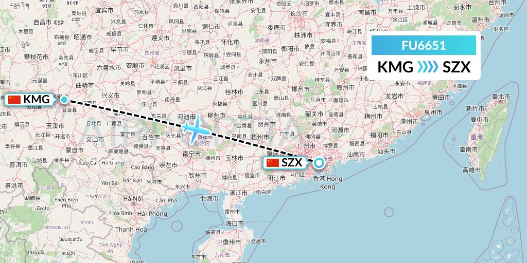 FU6651 Fuzhou Airlines Flight Map: Kunming to Shenzhen