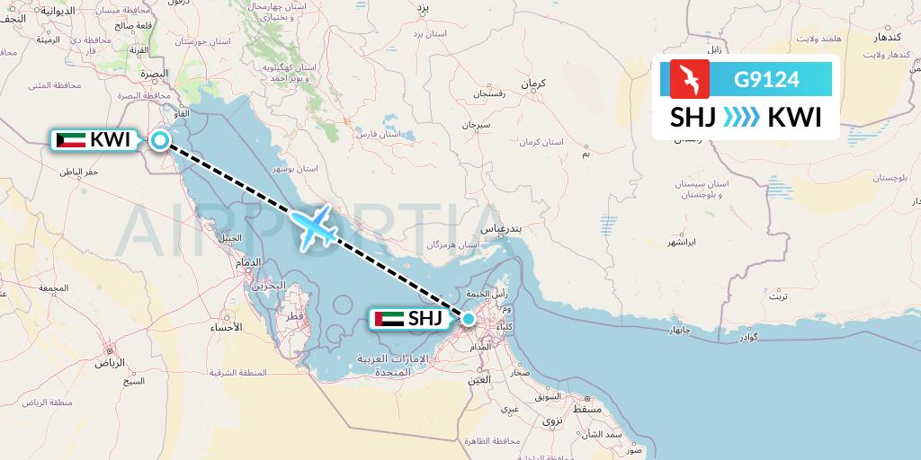 G9124 Air Arabia Flight Map: Sharjah to Kuwait City
