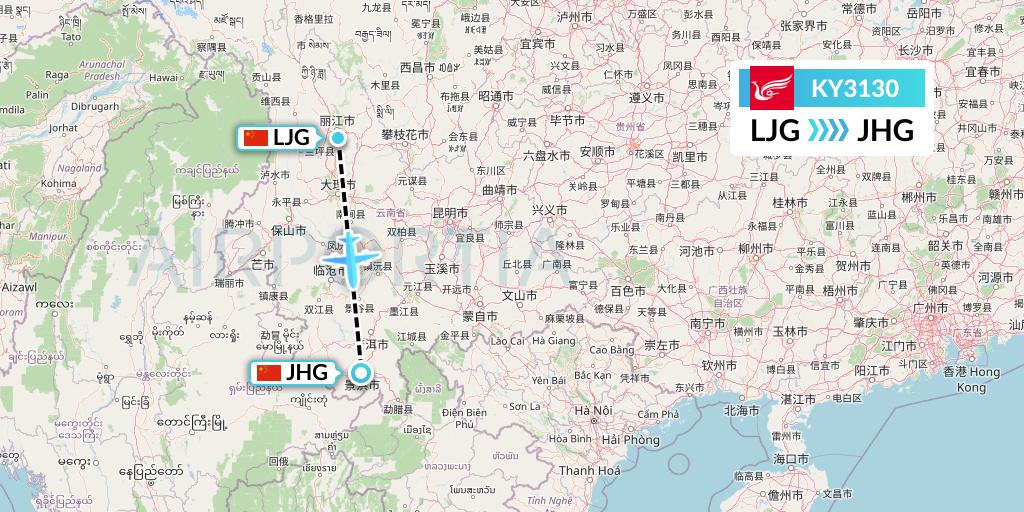 KY3130 Kunming Airlines Flight Map: Lijiang to Jinghong