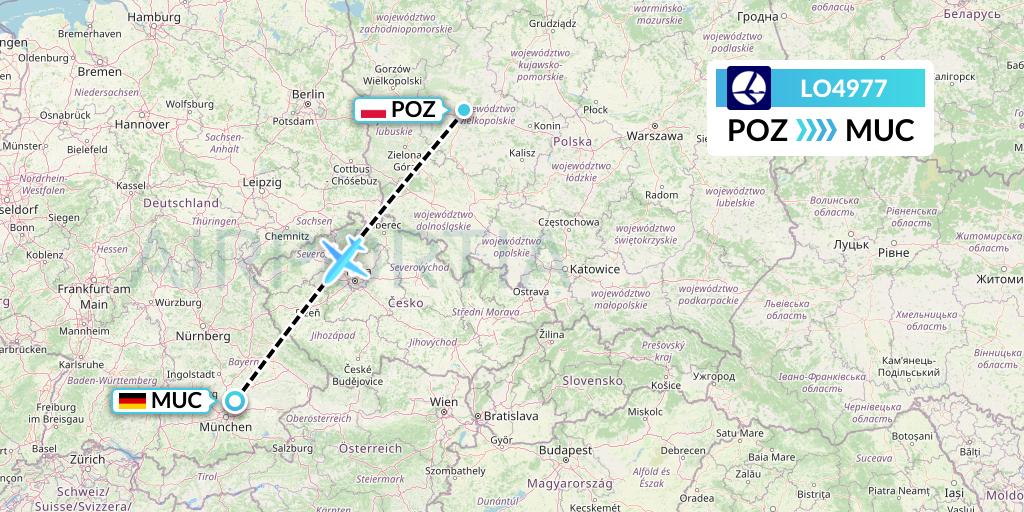 LO4977 LOT Flight Map: Poznan to Munich