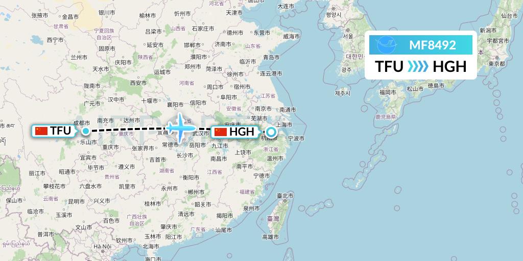 MF8492 Xiamen Airlines Flight Map: Chengdu to Hangzhou