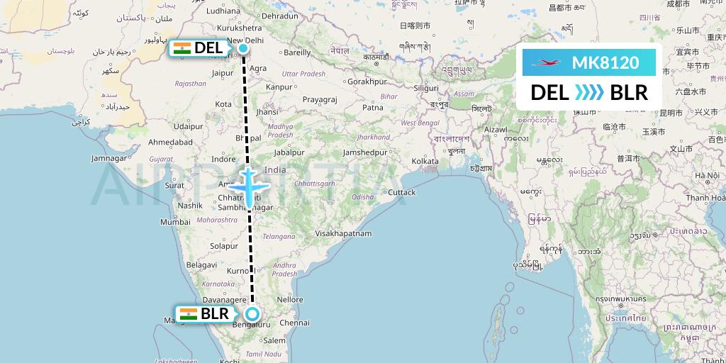 MK8120 Air Mauritius Flight Map: Delhi to Bangalore
