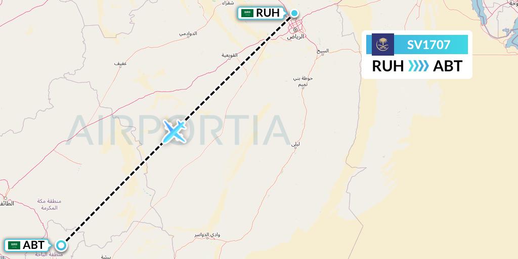 SV1707 Saudi Arabian Airlines Flight Map: Riyadh to Al-Baha