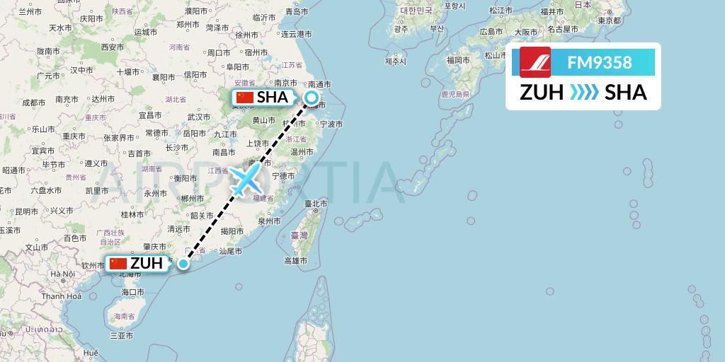 FM9358 Shanghai Airlines Flight Map: Zhuhai to Shanghai