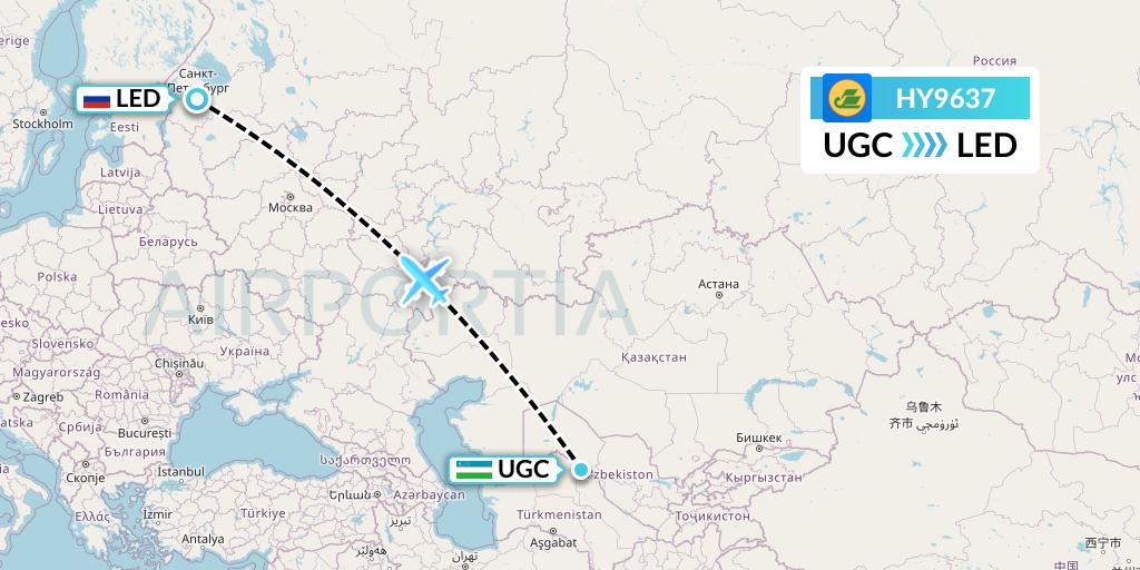 HY9637 Uzbekistan Airways Flight Map: Urgench to St. Petersburg