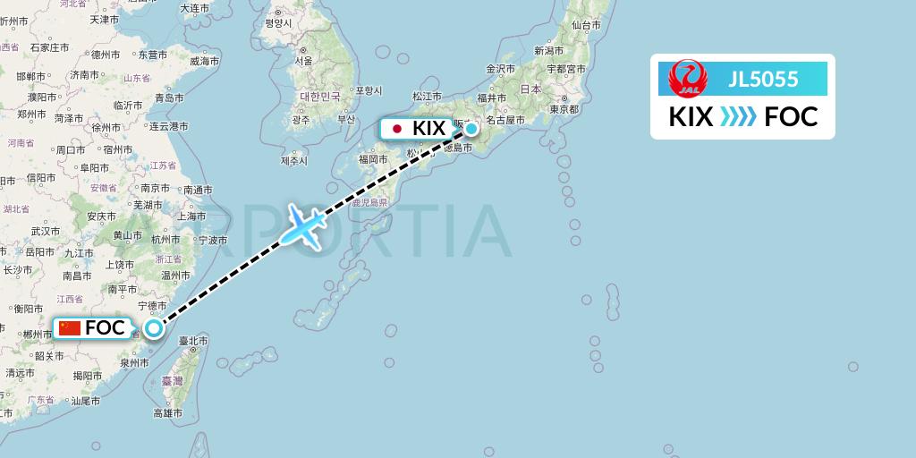 JL5055 Japan Airlines Flight Map: Osaka to Fuzhou