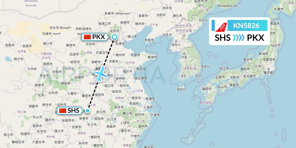 KN5826 China United Airlines Flight Map: Shashi to Beijing