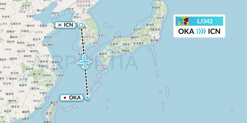 LJ342 Jin Air Flight Map: Naha to Seoul