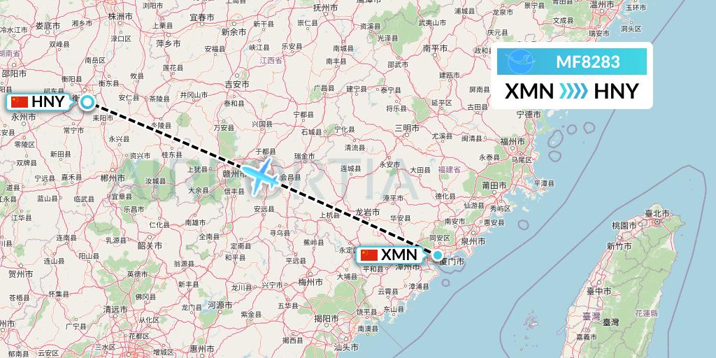 MF8283 Xiamen Airlines Flight Map: Xiamen to Hengyang