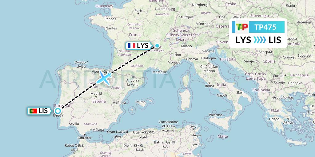 TP475 TAP Portugal Flight Map: Lyon to Lisbon