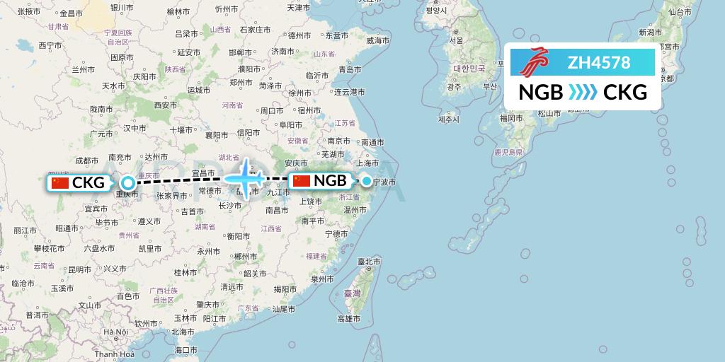 ZH4578 Shenzhen Airlines Flight Map: Ningbo to Chongqing