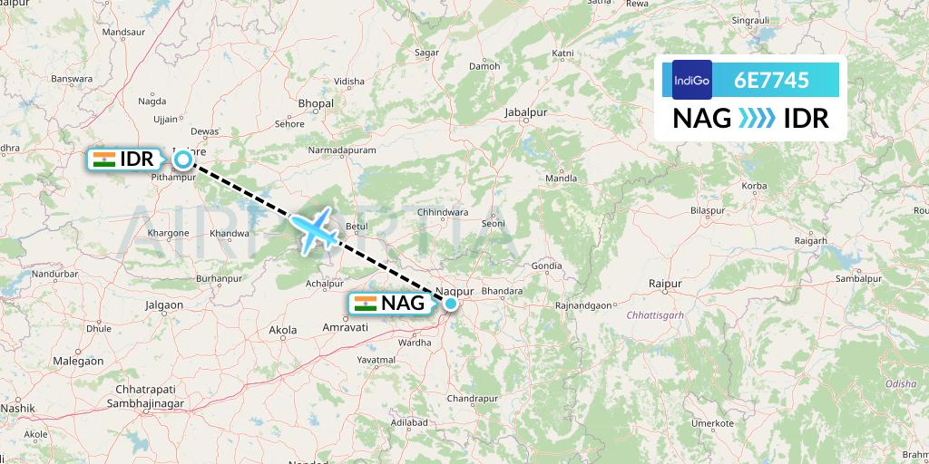 6E7745 IndiGo Airlines Flight Map: Nagpur to Indore