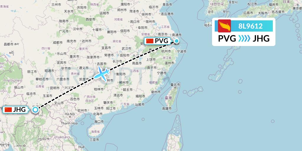 8L9612 Lucky Air Flight Map: Shanghai to Jinghong