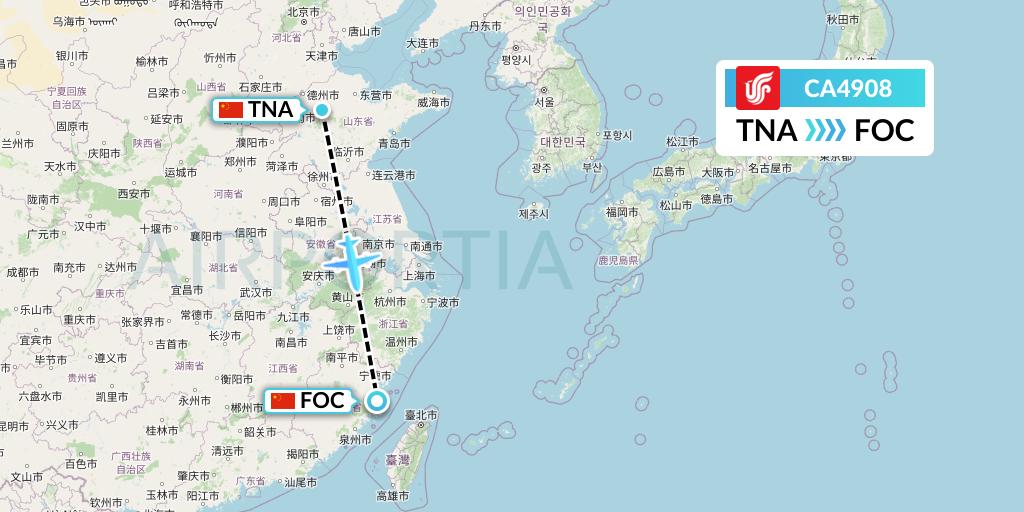 CA4908 Air China Flight Map: Jinan to Fuzhou