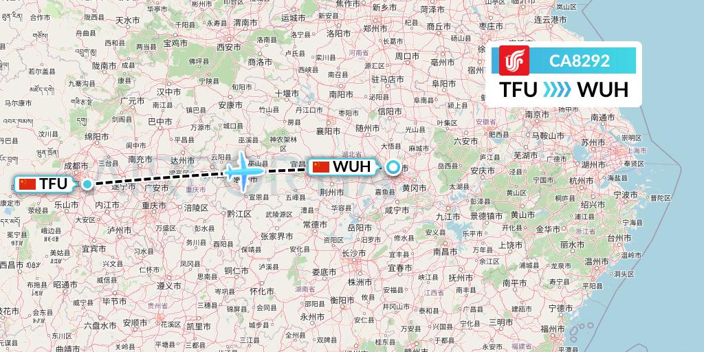 CA8292 Air China Flight Map: Chengdu to Wuhan