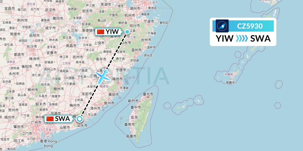 CZ5930 China Southern Airlines Flight Map: Yiwu to Jieyang
