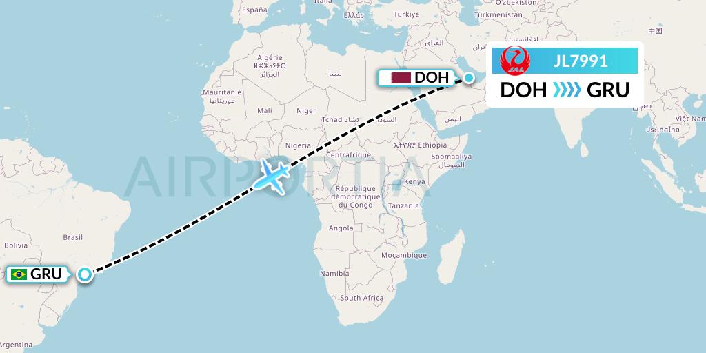 JL7991 Japan Airlines Flight Map: Doha to Sao Paulo