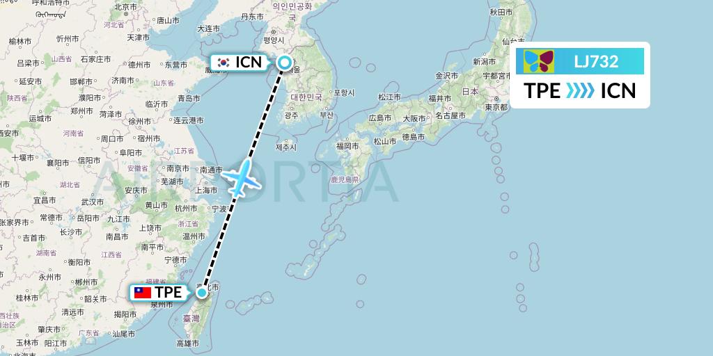 LJ732 Jin Air Flight Map: Taipei to Seoul