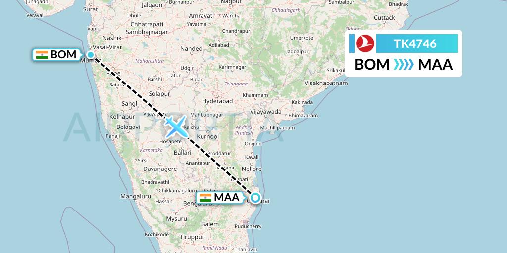 TK4746 Turkish Airlines Flight Map: Mumbai to Chennai