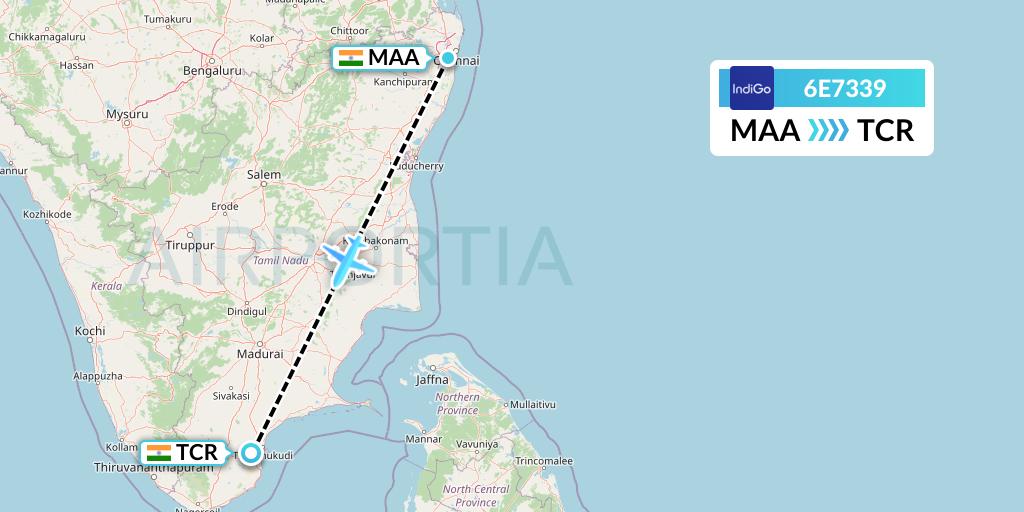 6E7339 IndiGo Airlines Flight Map: Chennai to Tuticorin