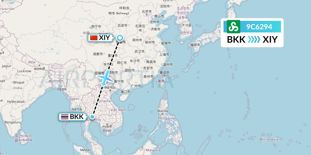 9C6294 Spring Airlines Flight Map: Bangkok to Xi'an