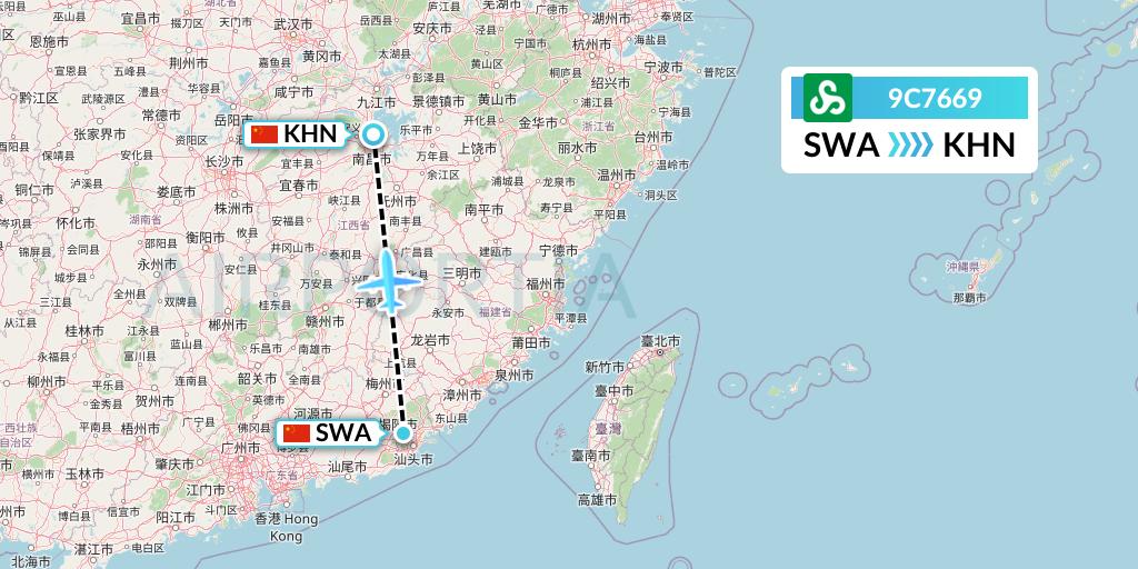 9C7669 Spring Airlines Flight Map: Jieyang to Nanchang