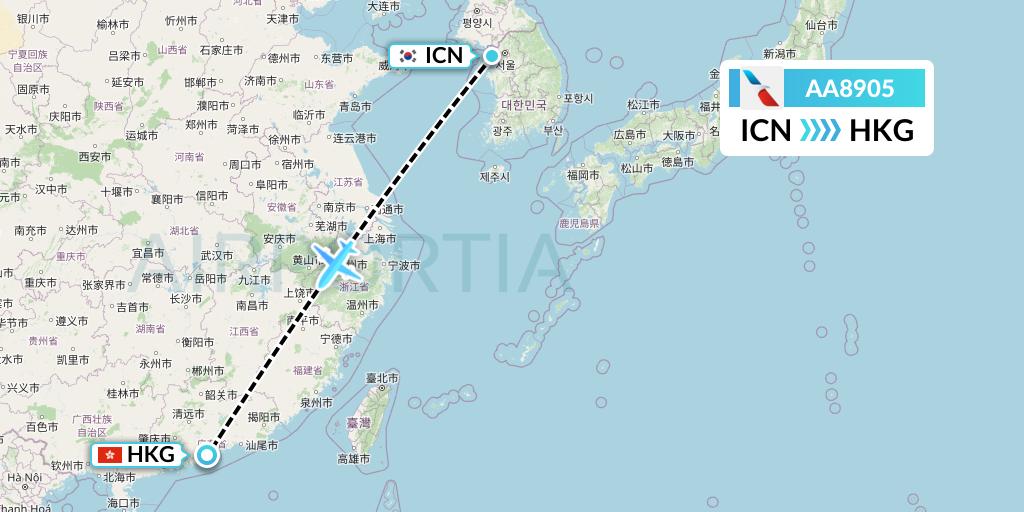 AA8905 American Airlines Flight Map: Seoul to Hong Kong