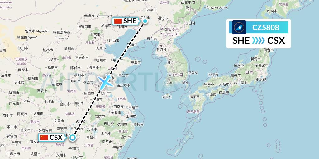 CZ5808 China Southern Airlines Flight Map: Shenyang to Changsha