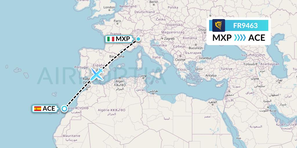 FR9463 Ryanair Flight Map: Milan to Lanzarote