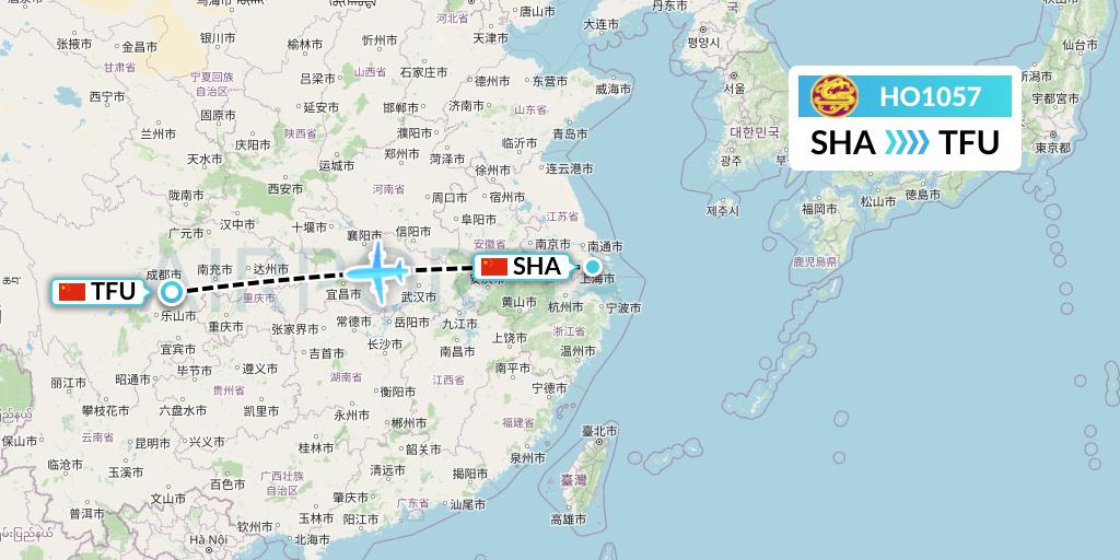 HO1057 Juneyao Airlines Flight Map: Shanghai to Chengdu