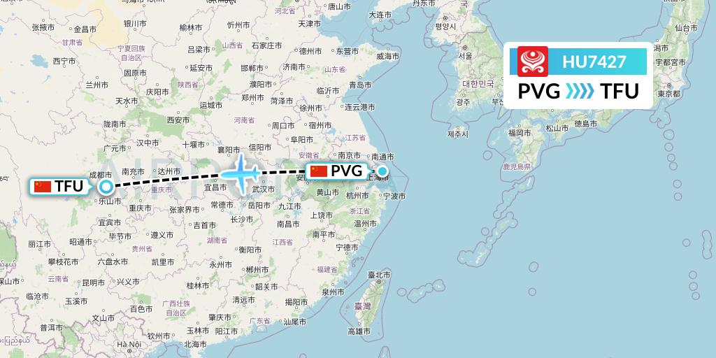 HU7427 Hainan Airlines Flight Map: Shanghai to Chengdu