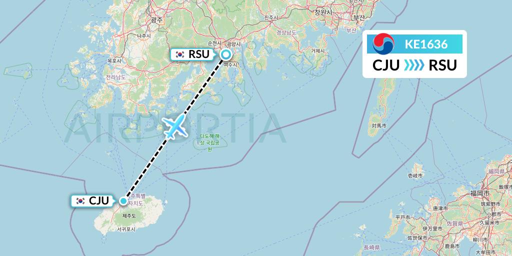 KE1636 Korean Air Flight Map: Jeju to Yeosu