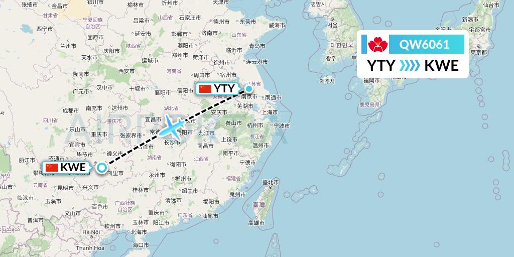 QW6061 Qingdao Airlines Flight Map: Yangzhou to Guiyang