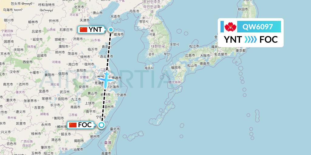 QW6097 Qingdao Airlines Flight Map: Yantai to Fuzhou
