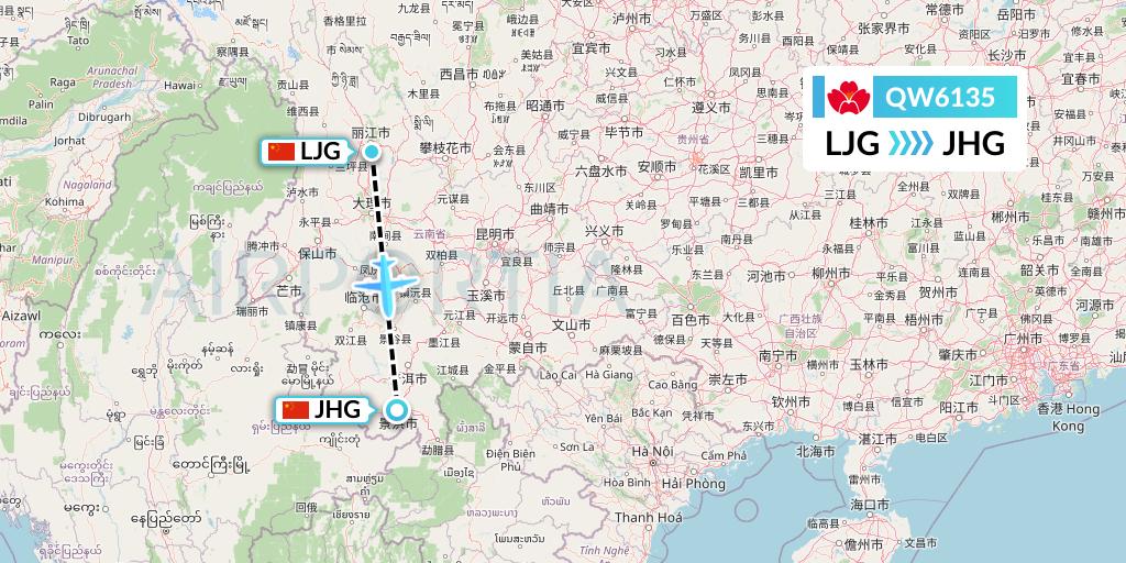 QW6135 Qingdao Airlines Flight Map: Lijiang to Jinghong