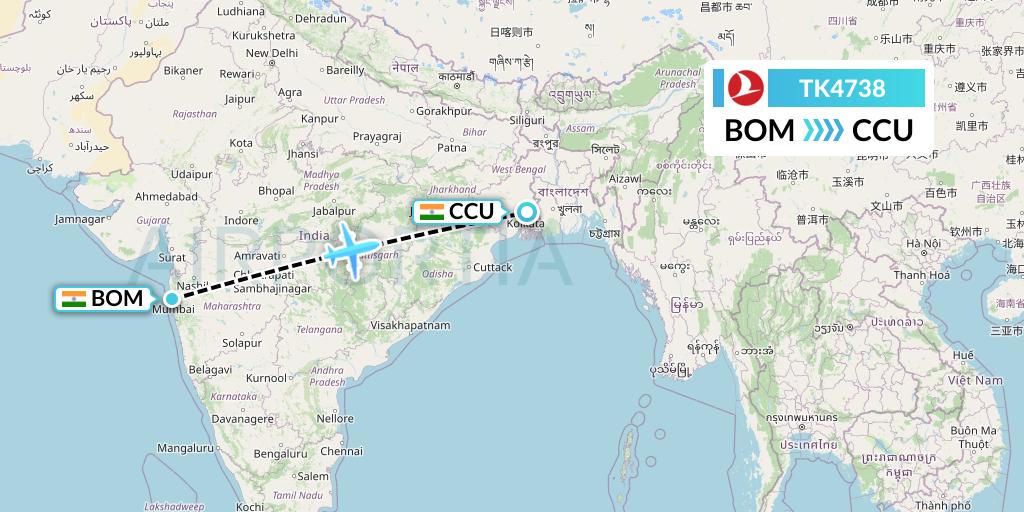 TK4738 Turkish Airlines Flight Map: Mumbai to Kolkata