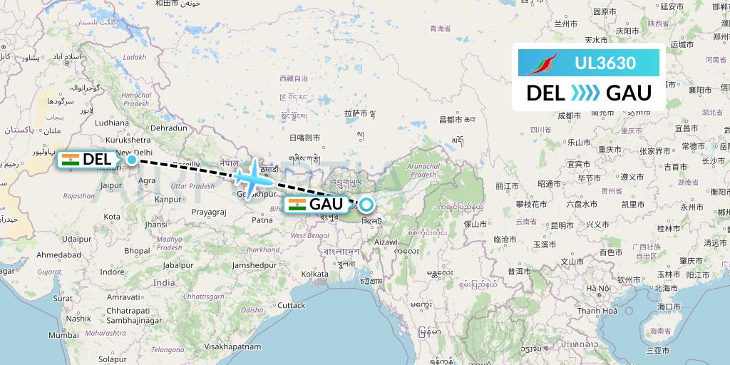 UL3630 SriLankan Airlines Flight Map: Delhi to Guwahati