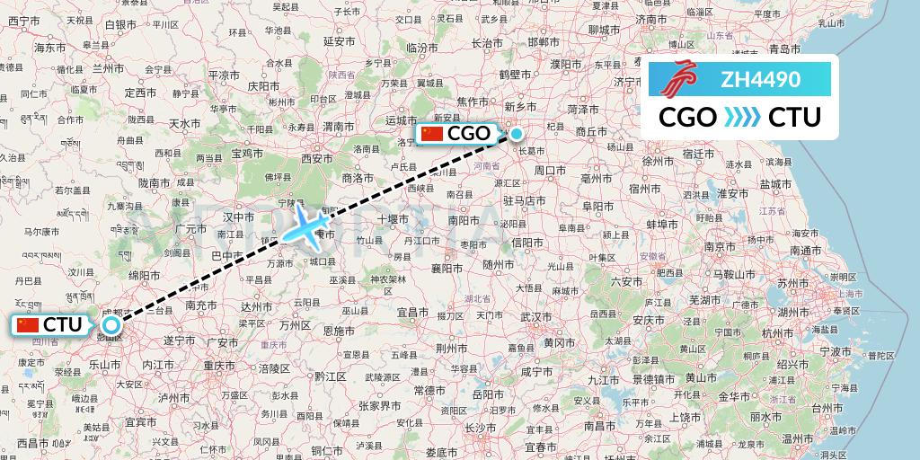 ZH4490 Shenzhen Airlines Flight Map: Zhengzhou to Chengdu