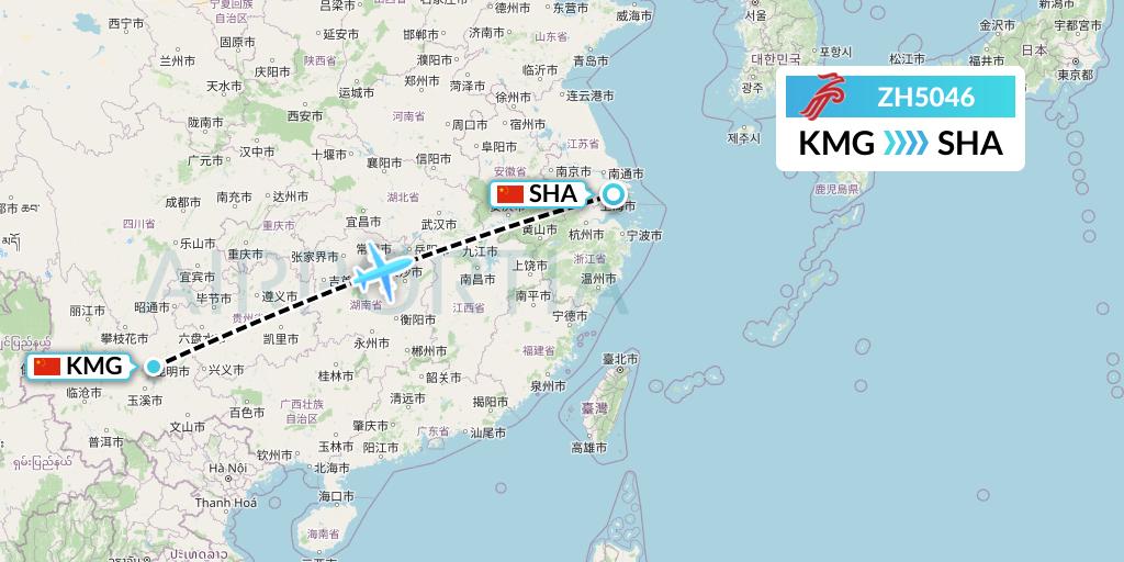 ZH5046 Shenzhen Airlines Flight Map: Kunming to Shanghai
