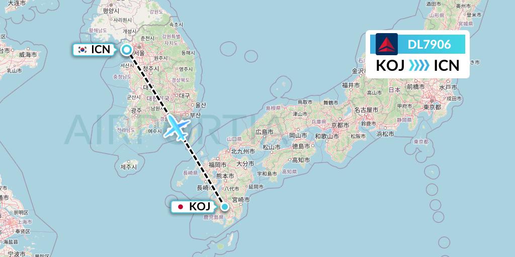 DL7906 Delta Air Lines Flight Map: Kagoshima to Seoul