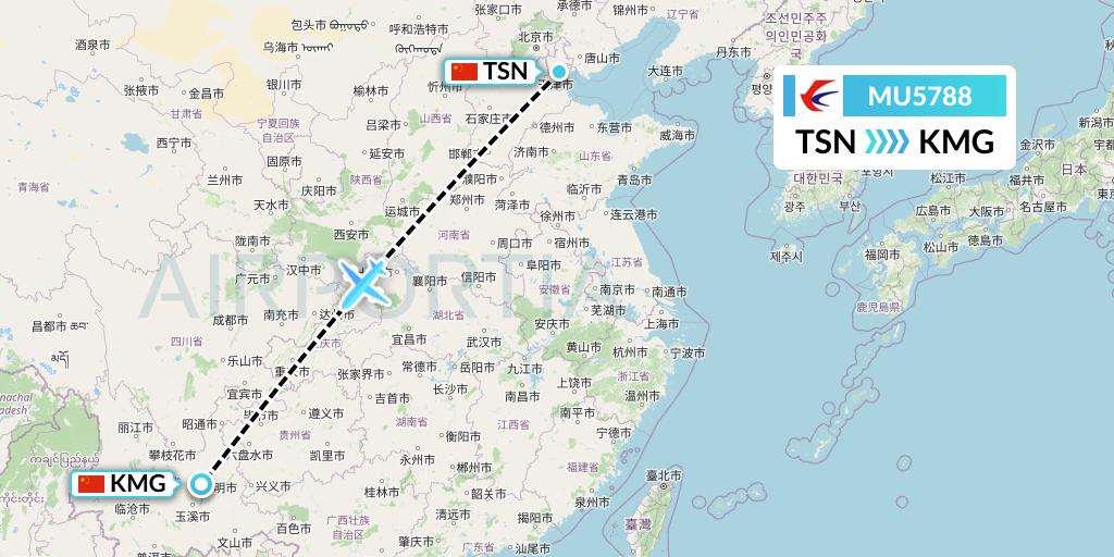 MU5788 China Eastern Airlines Flight Map: Tianjin to Kunming