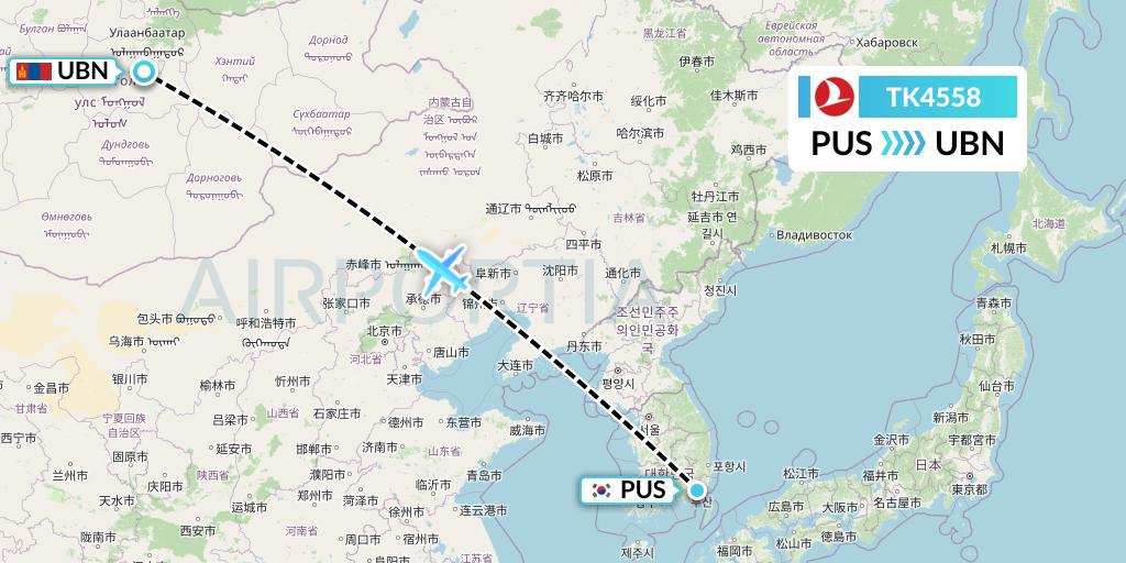 TK4558 Turkish Airlines Flight Map: Busan to Ulan Bator