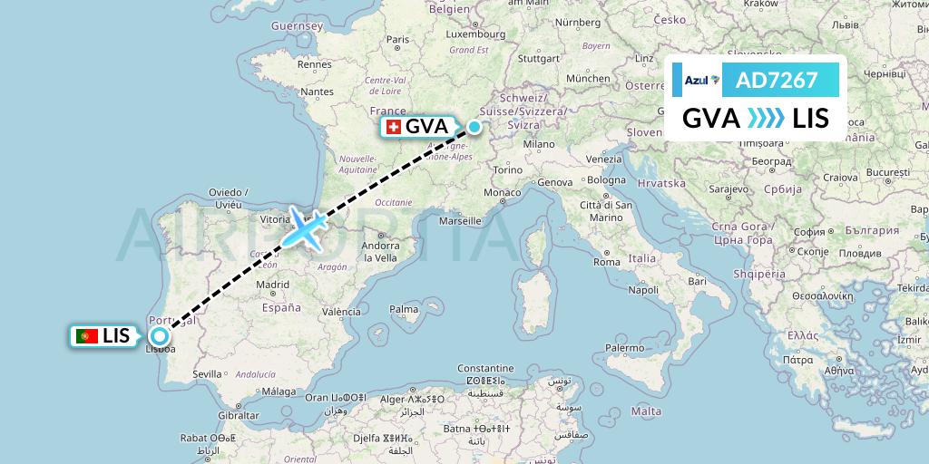AD7267 Azul Brazilian Airlines Flight Map: Geneva to Lisbon