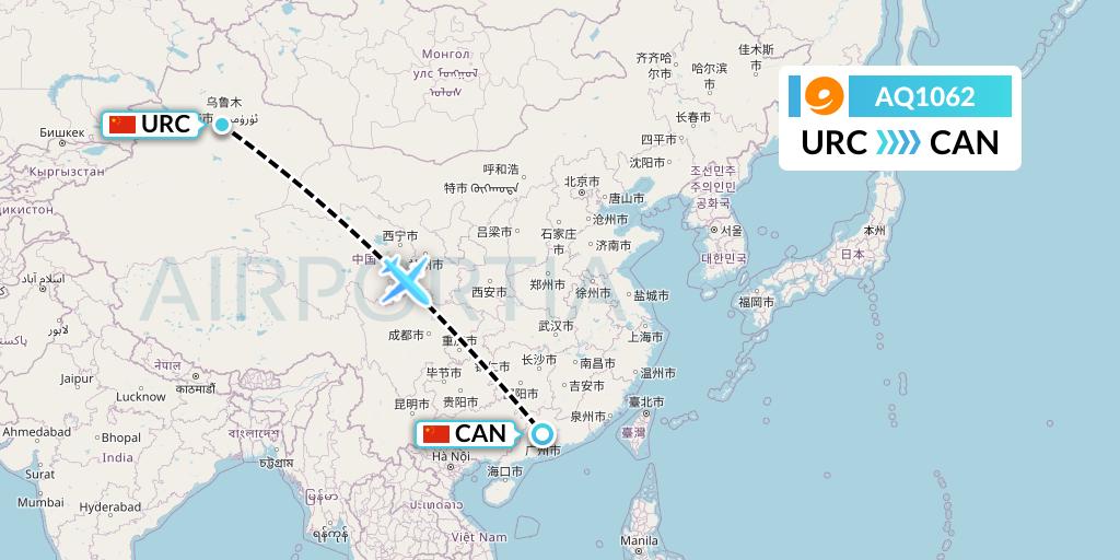 AQ1062 9 Air Flight Map: Urumqi to Guangzhou