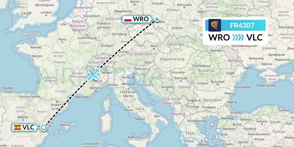 FR4307 Ryanair Flight Map: Wroclaw to Valencia