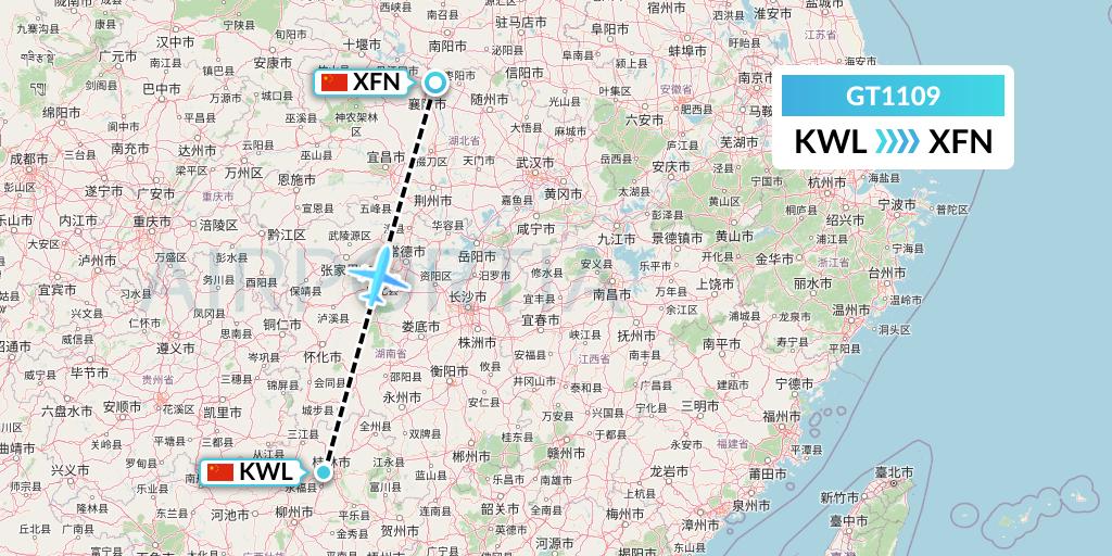 GT1109 Air Guilin Flight Map: Guilin to Xiangyang