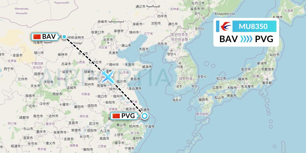 MU8350 China Eastern Airlines Flight Map: Baotou to Shanghai