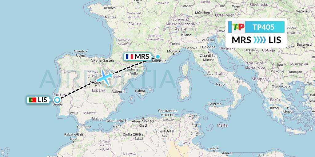 TP405 TAP Portugal Flight Map: Marseille to Lisbon