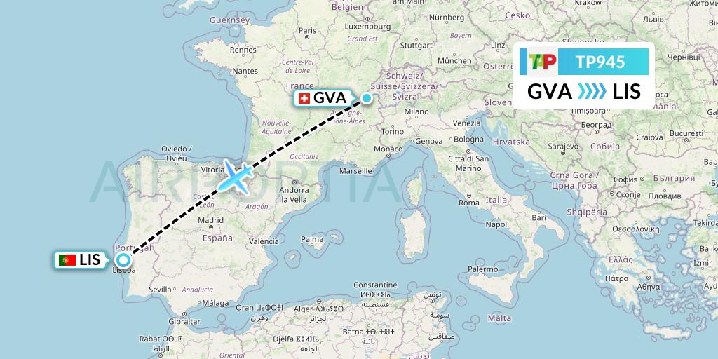 TP945 TAP Portugal Flight Map: Geneva to Lisbon