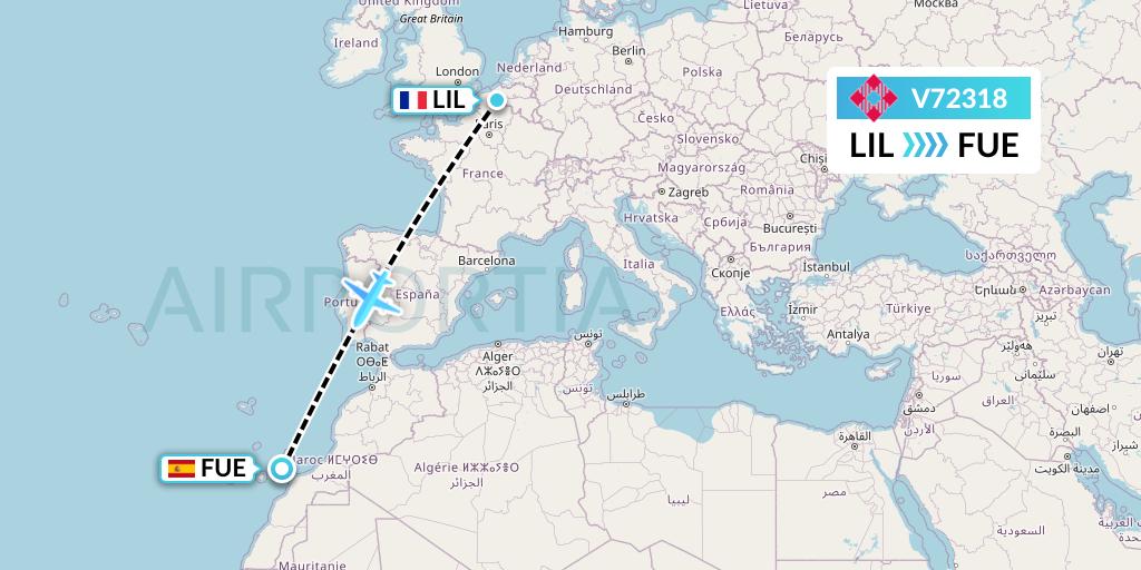V72318 Volotea Flight Map: Lille to Fuerteventura